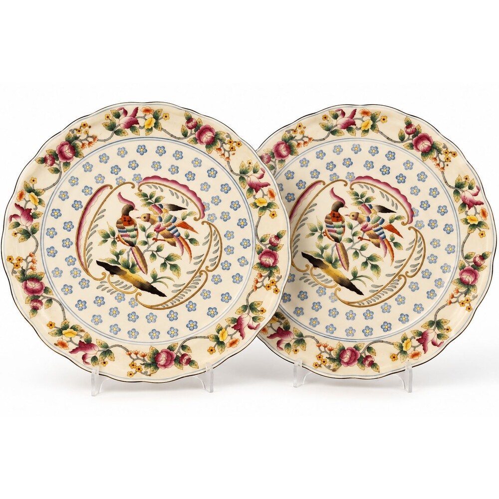 Oriental Accent Pair 12" Bird Floral Decorative Charger Plates Chinoiserie Wall